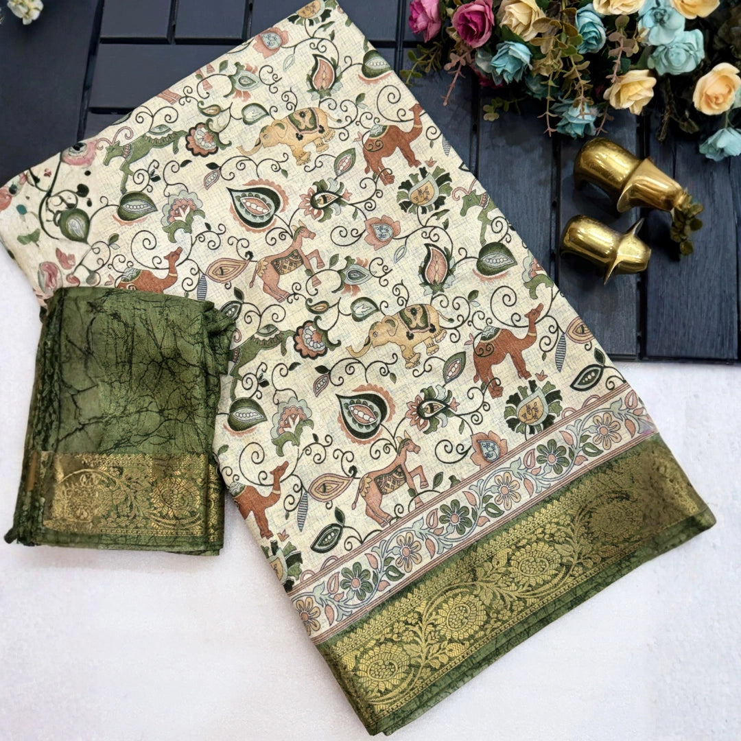 Ivory Kalamkari Saree with Olive Green Zari Border