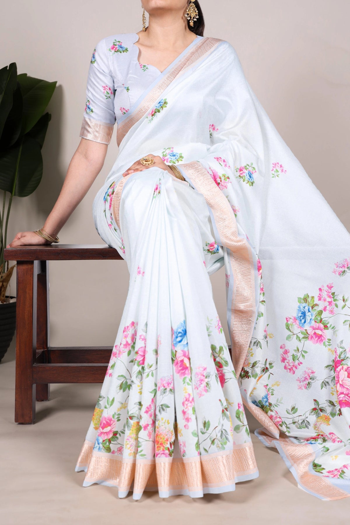 Powder Blue Floral Soft Silk Saree with Rose Gold Border