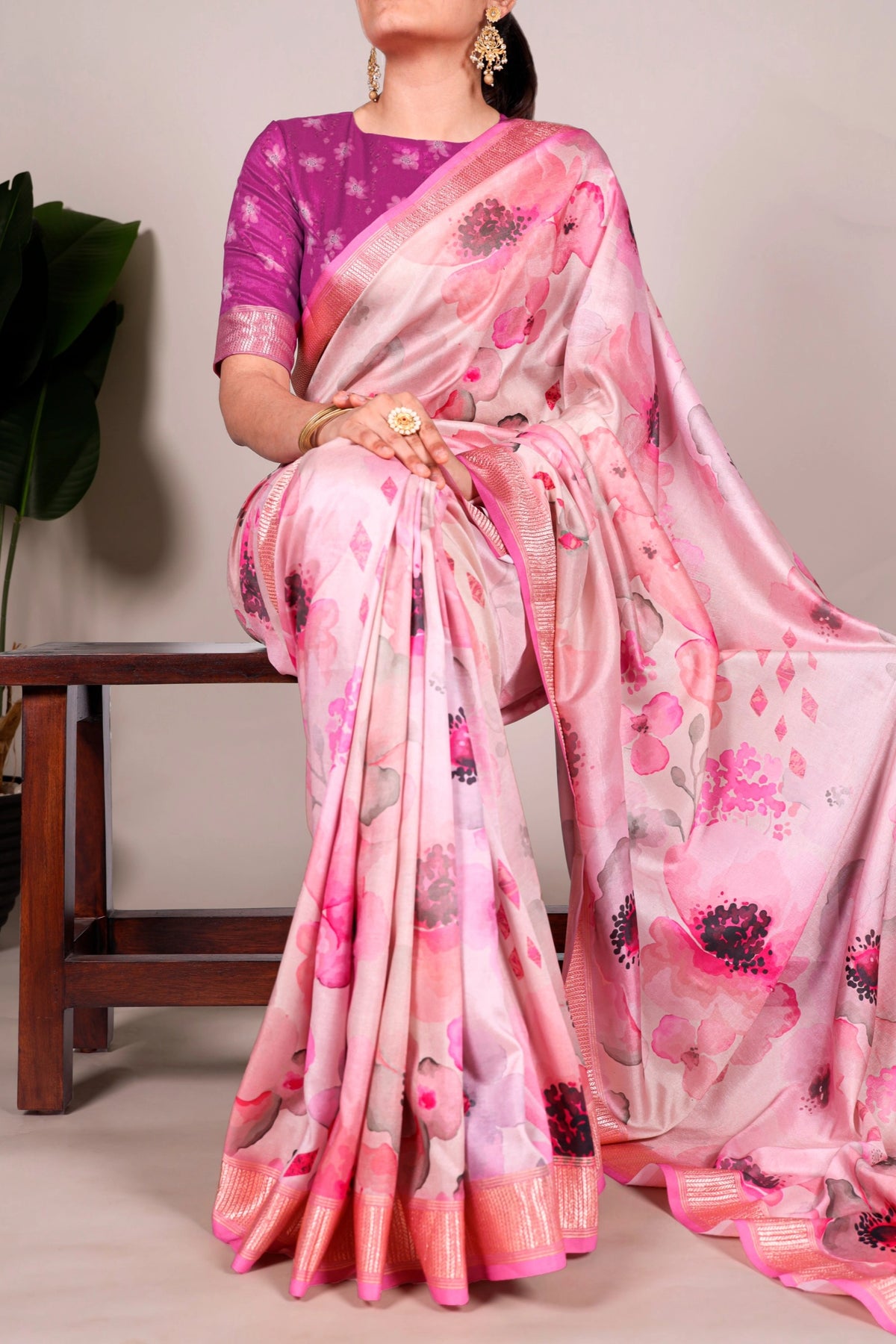 Blush Pink Floral Soft Silk Saree with Rose Gold Border