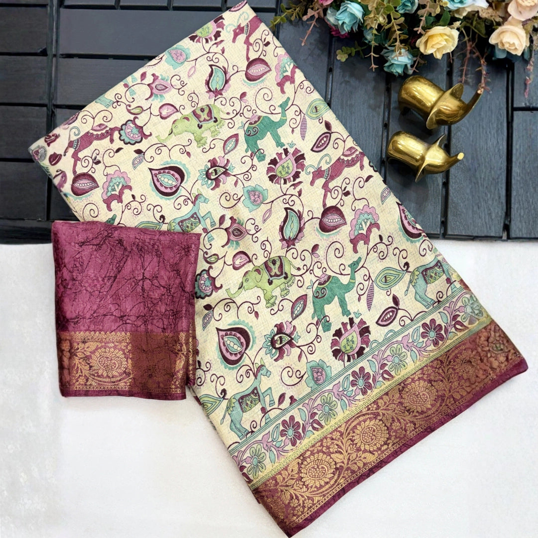 Ivory Kalamkari Saree with Wine Zari Border