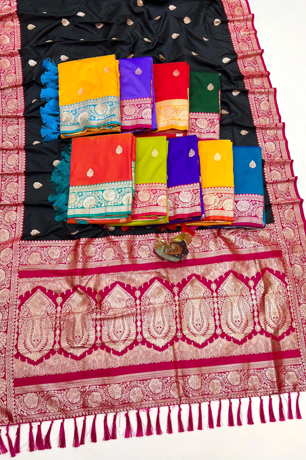 Bottle Green & Rani Pink Banarasi Silk Saree