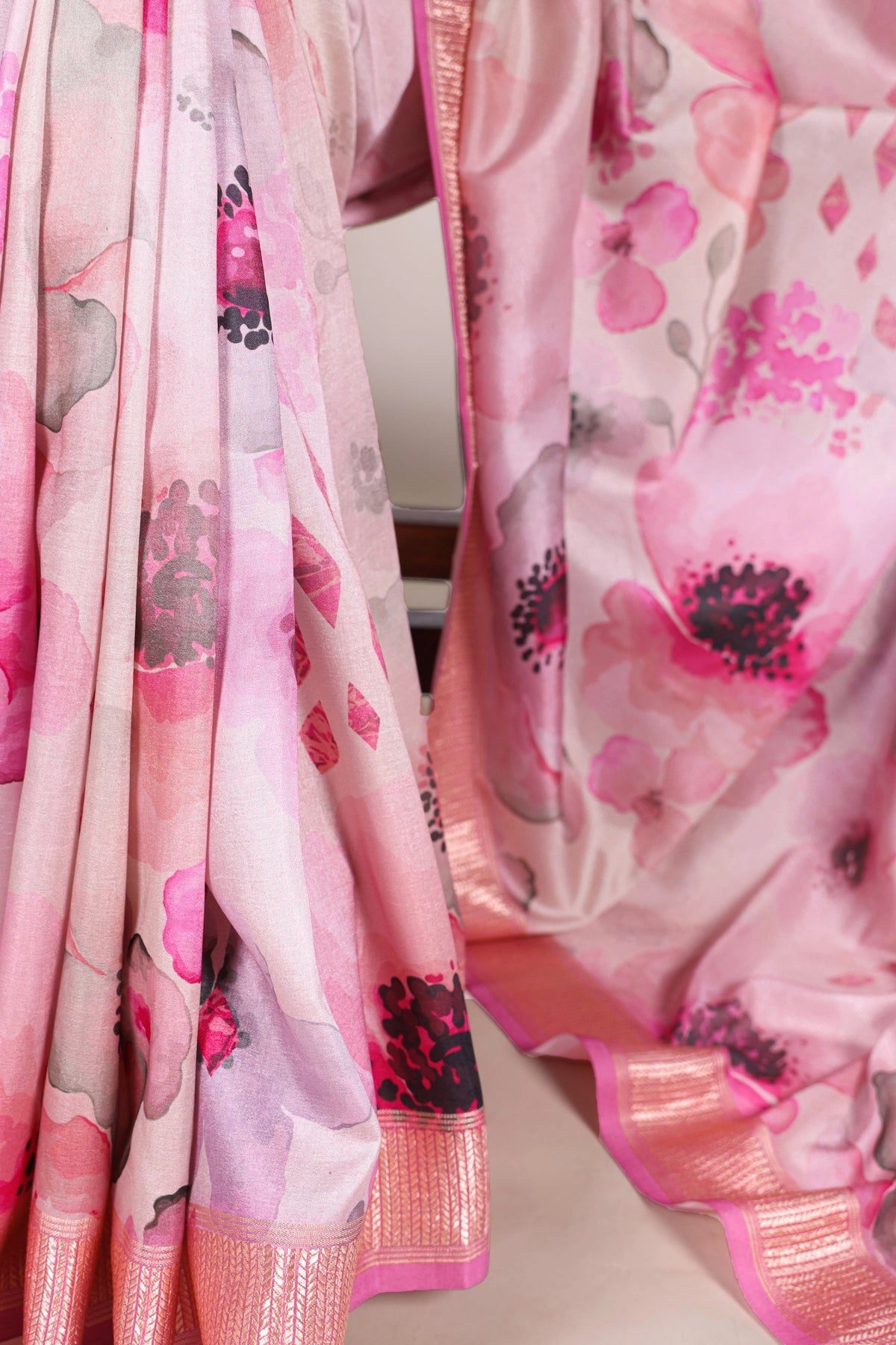 Blush Pink Floral Soft Silk Saree with Rose Gold Border