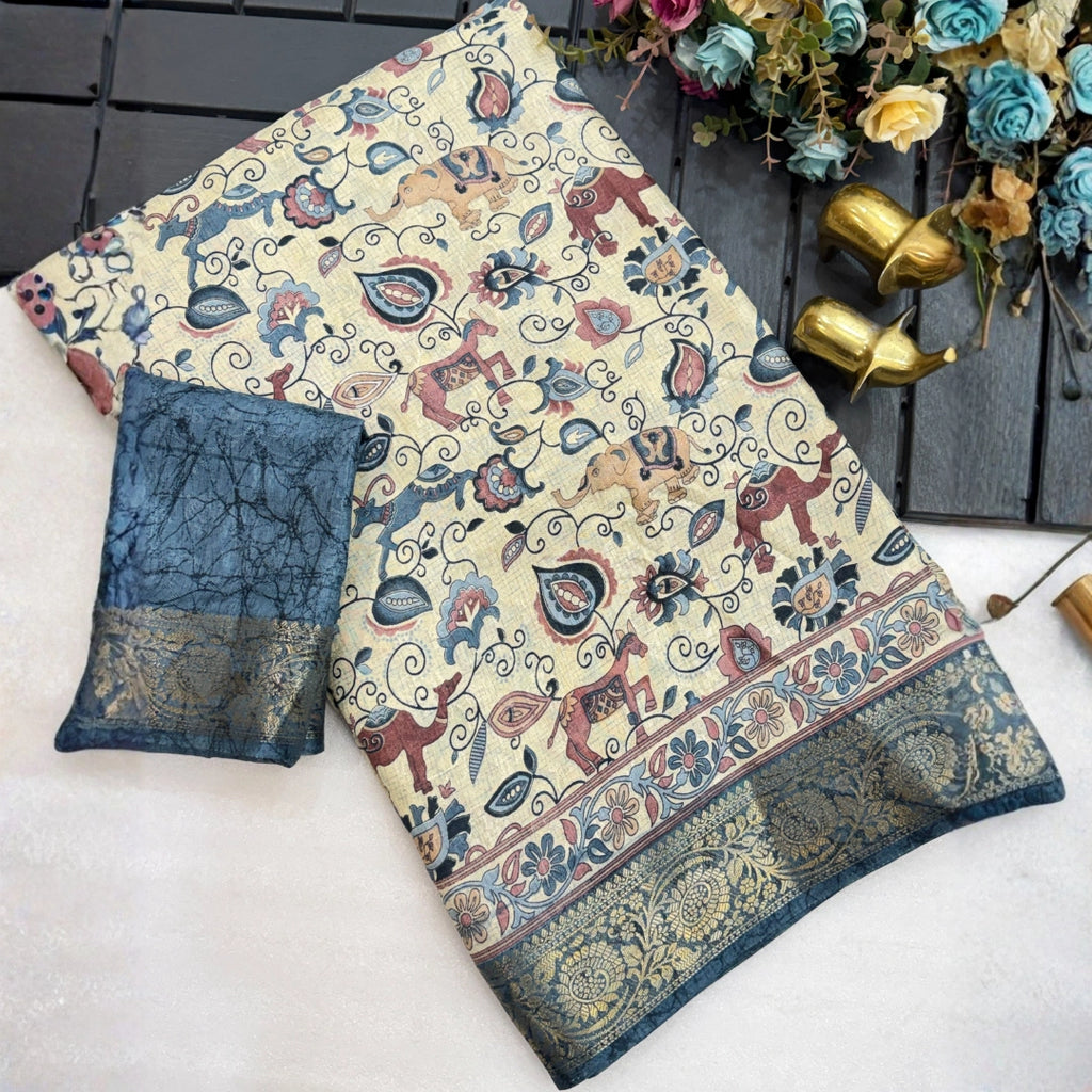 Ivory Kalamkari Saree with Teal Zari Border