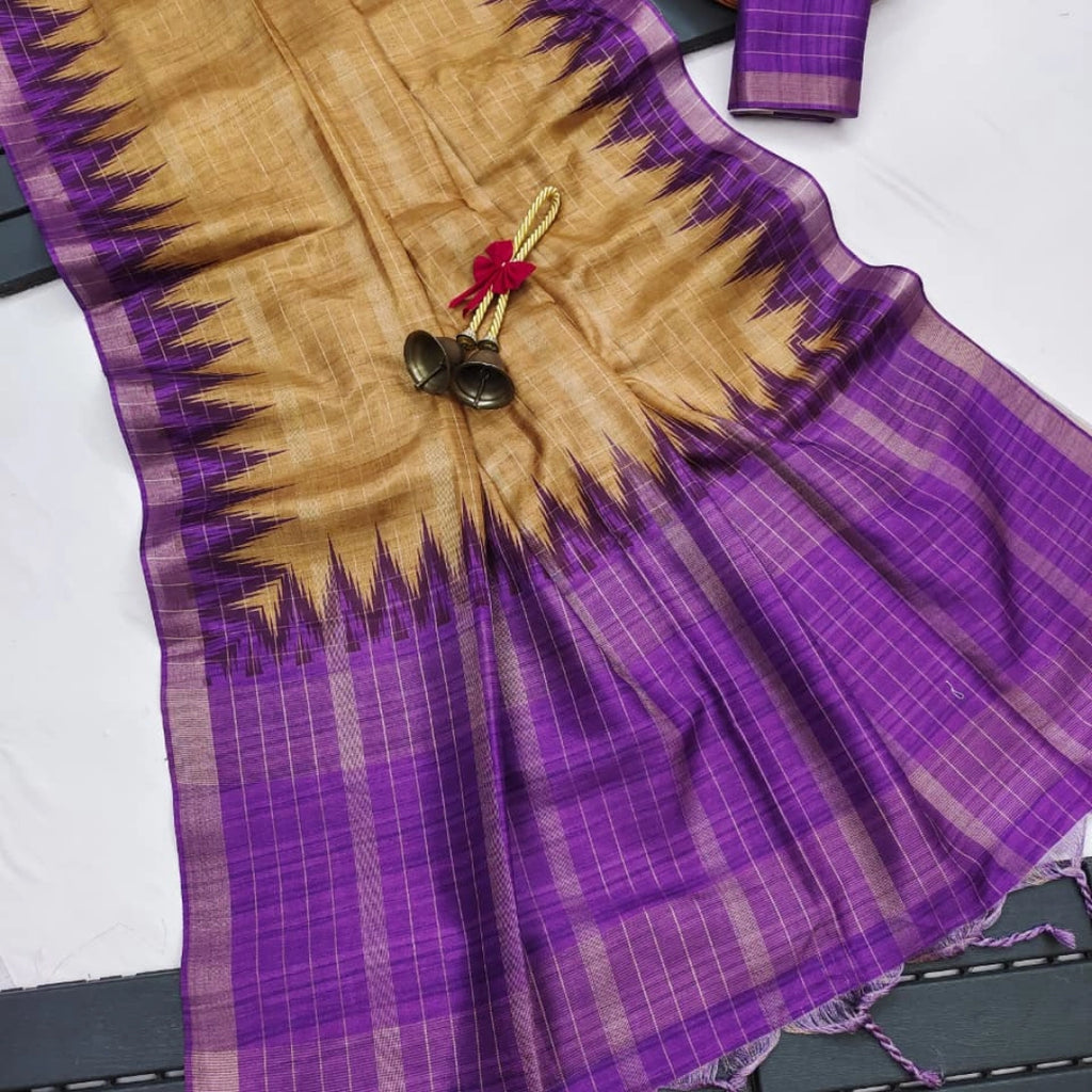 Antique Mustard Silk Cotton Saree with Purple Ikat Border