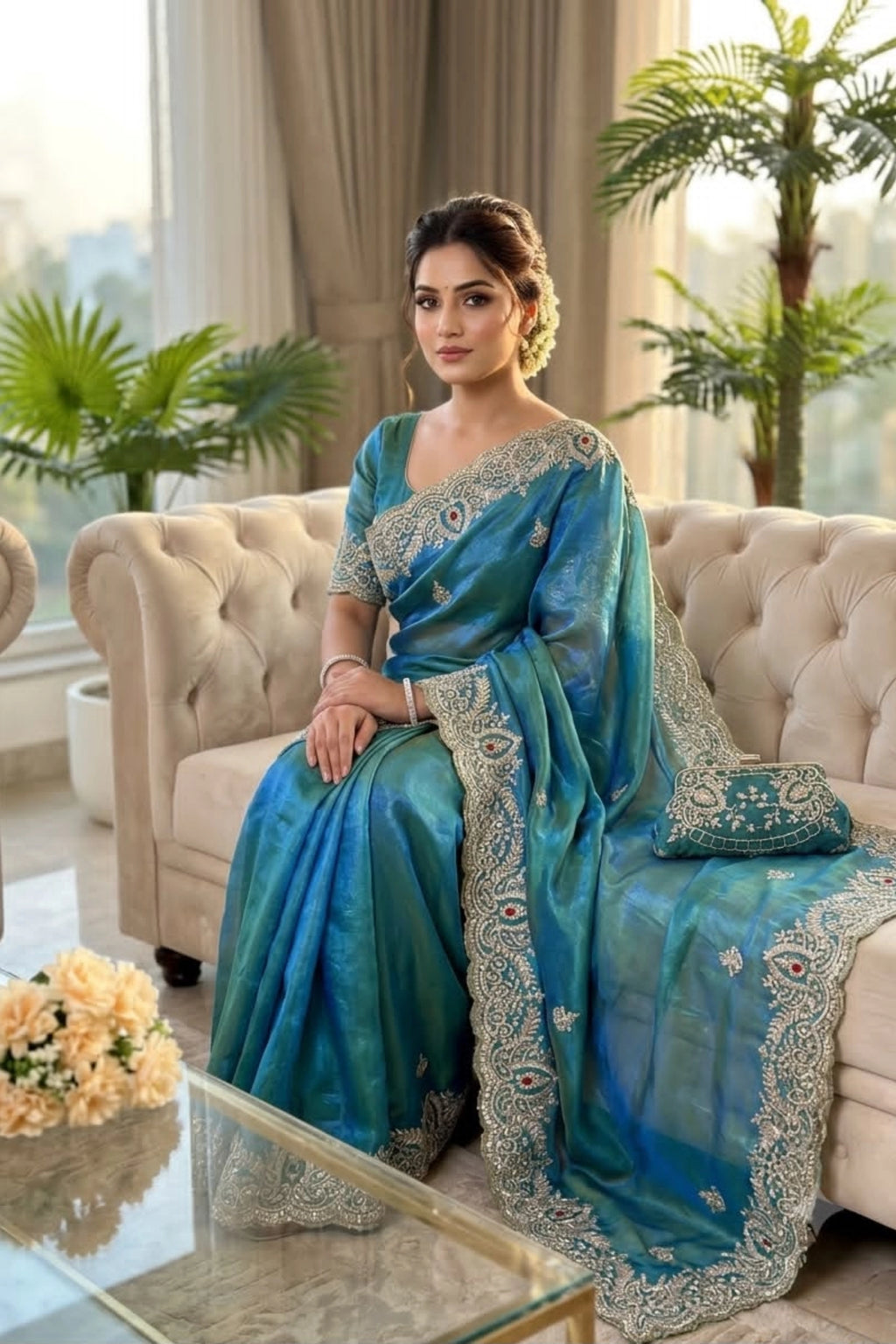 Turquoise Teal Tissue Organza Saree with Heavy Embroidered Border