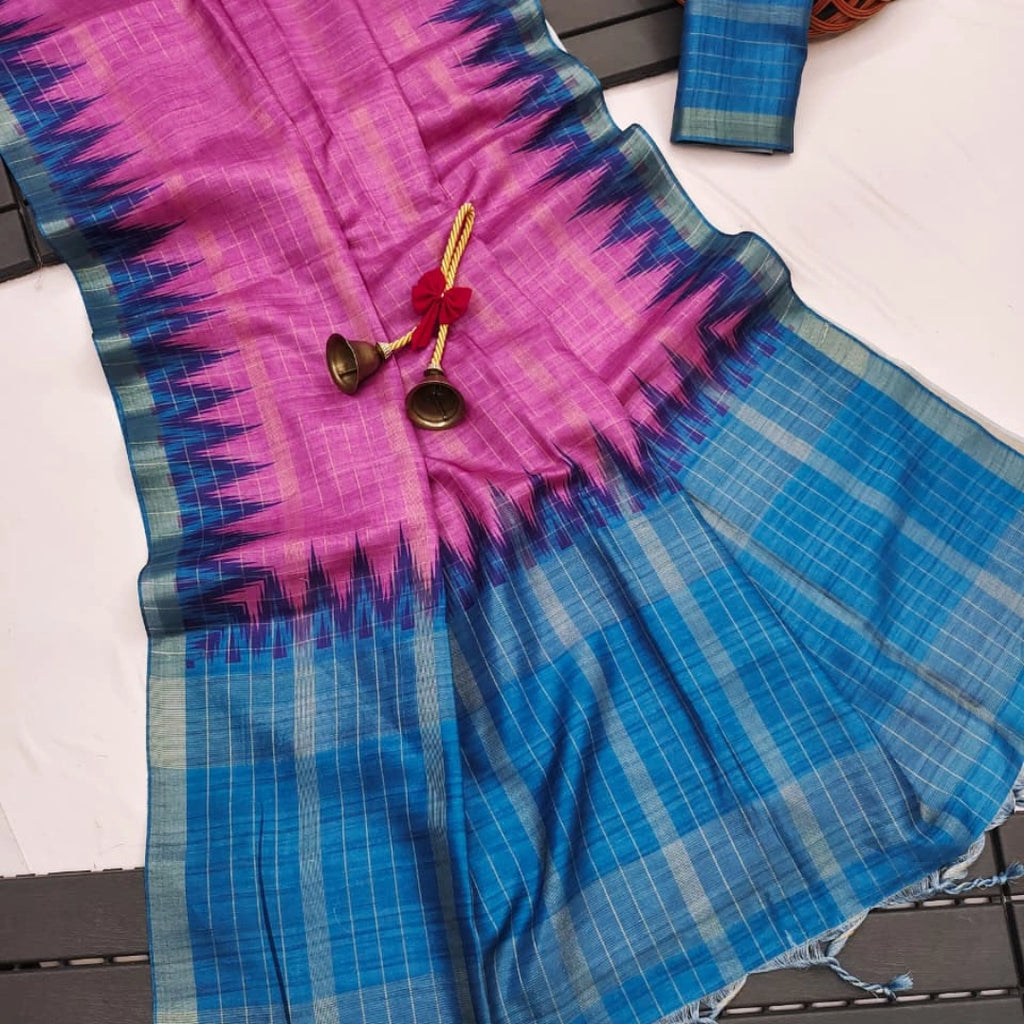 Rani Pink Silk Cotton Saree with Teal Blue Ikat Border