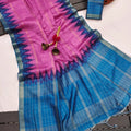 Rani Pink Silk Cotton Saree with Teal Blue Ikat Border