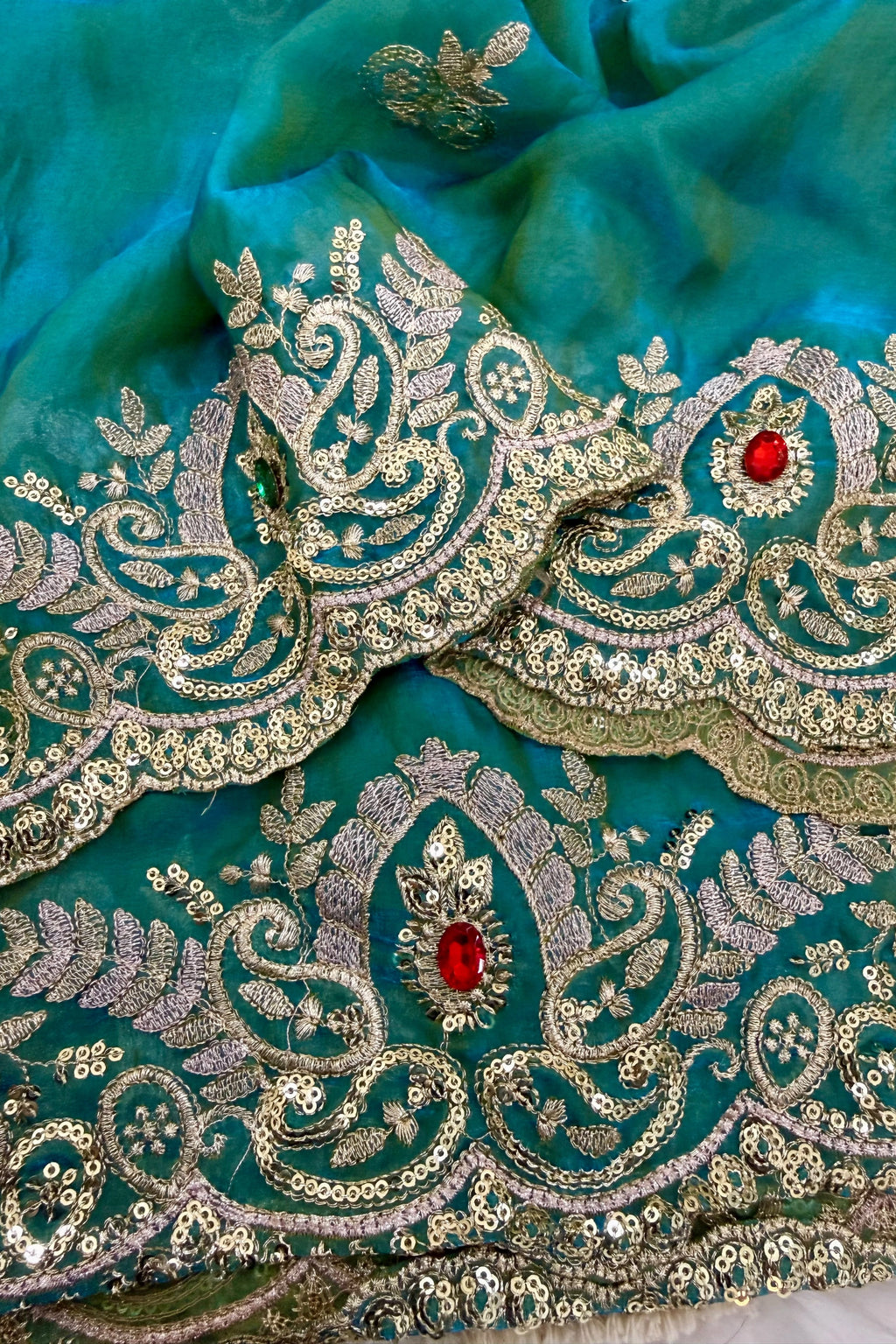 Turquoise Teal Tissue Organza Saree with Heavy Embroidered Border