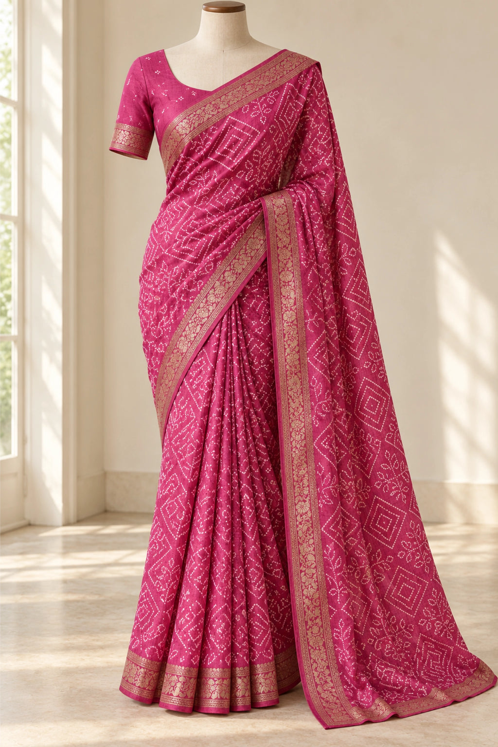 Rani Pink Dola Silk Bandhani Print Saree