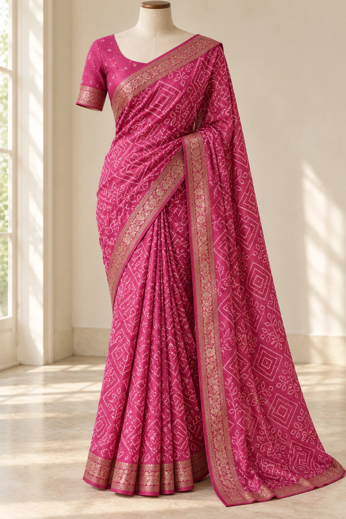 Rani Pink Dola Silk Bandhani Print Saree