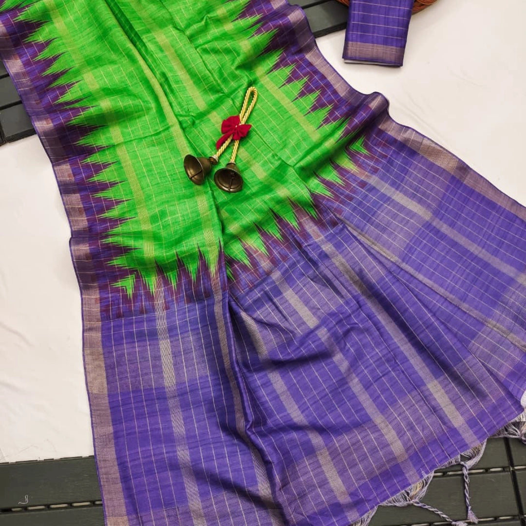 Parrot Green Silk Cotton Saree with Purple Ikat Border