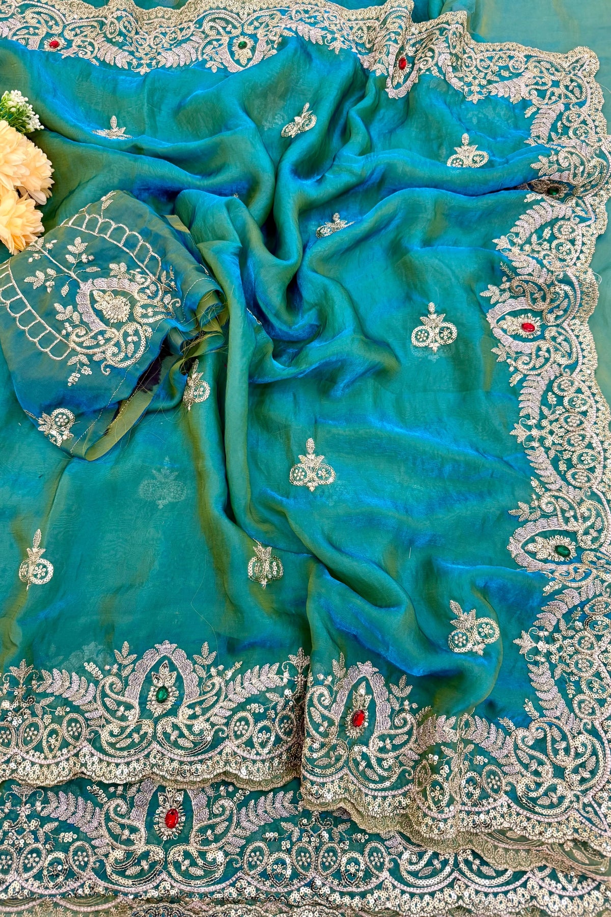 Turquoise Teal Tissue Organza Saree with Heavy Embroidered Border