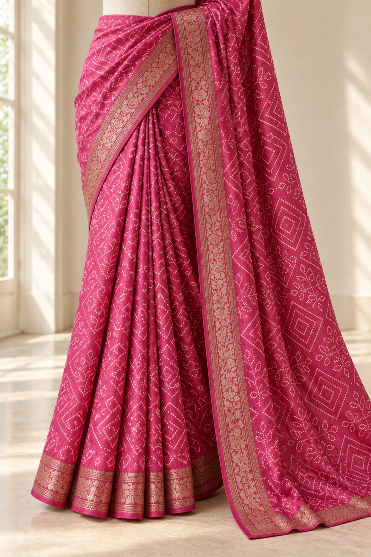Rani Pink Dola Silk Bandhani Print Saree