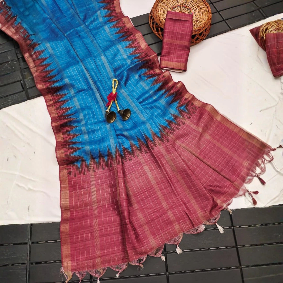 Peacock Blue Silk Cotton Saree with Rose Ikat Border
