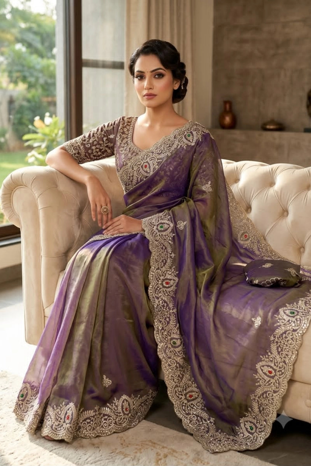 Dual-Tone Violet Tissue Organza Saree with Sequin Embroidered Border