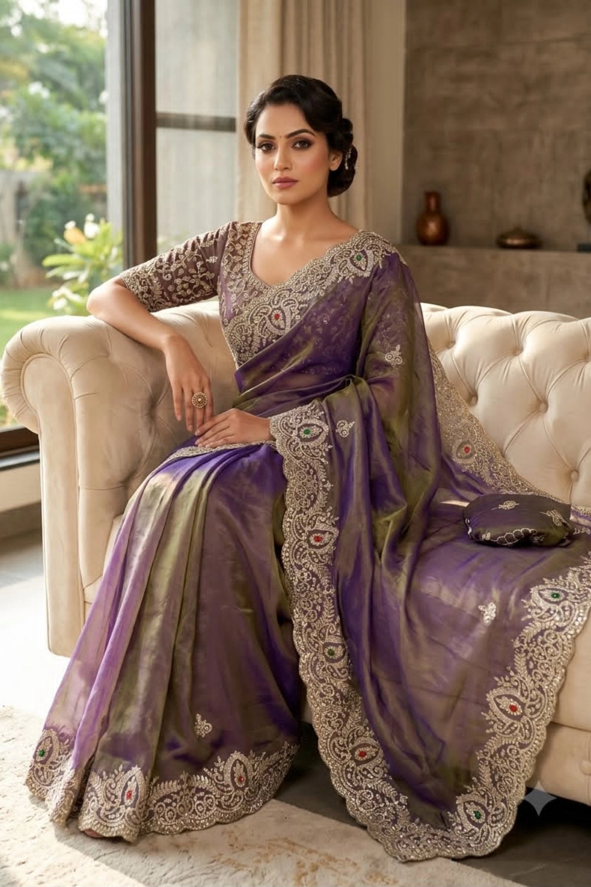 Dual-Tone Violet Tissue Organza Saree with Sequin Embroidered Border