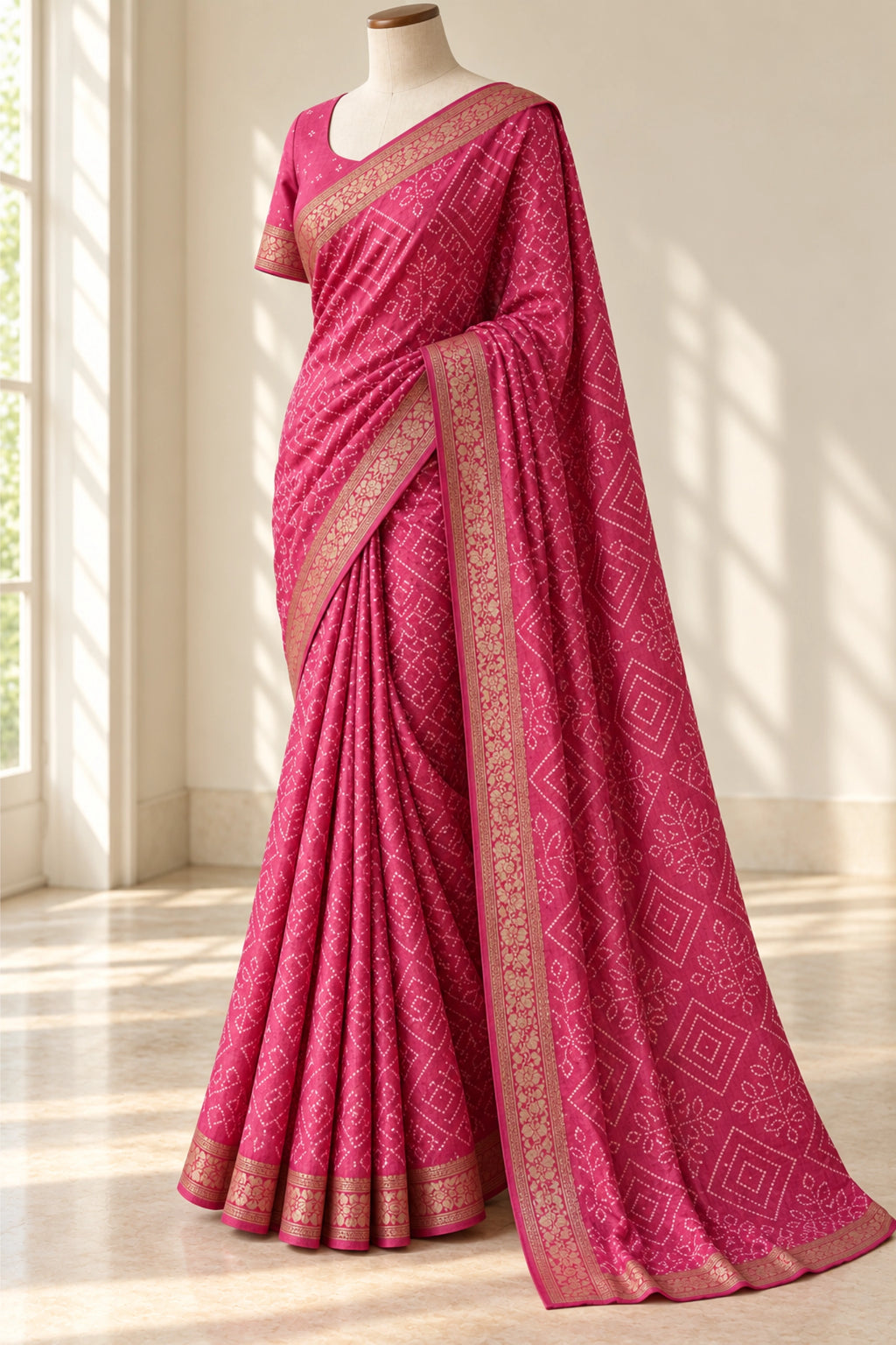 Rani Pink Dola Silk Bandhani Print Saree