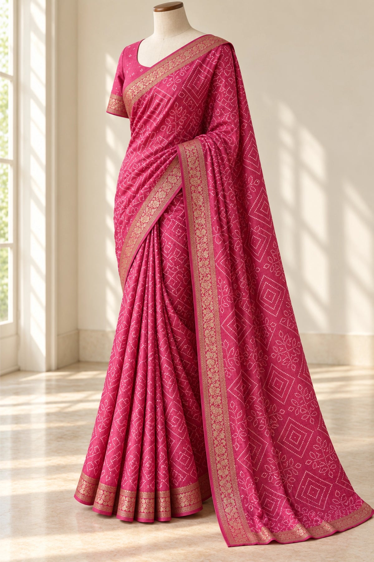 Rani Pink Dola Silk Bandhani Print Saree
