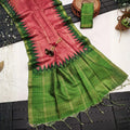 Coral Rose Silk Cotton Saree with Green Ikat Border