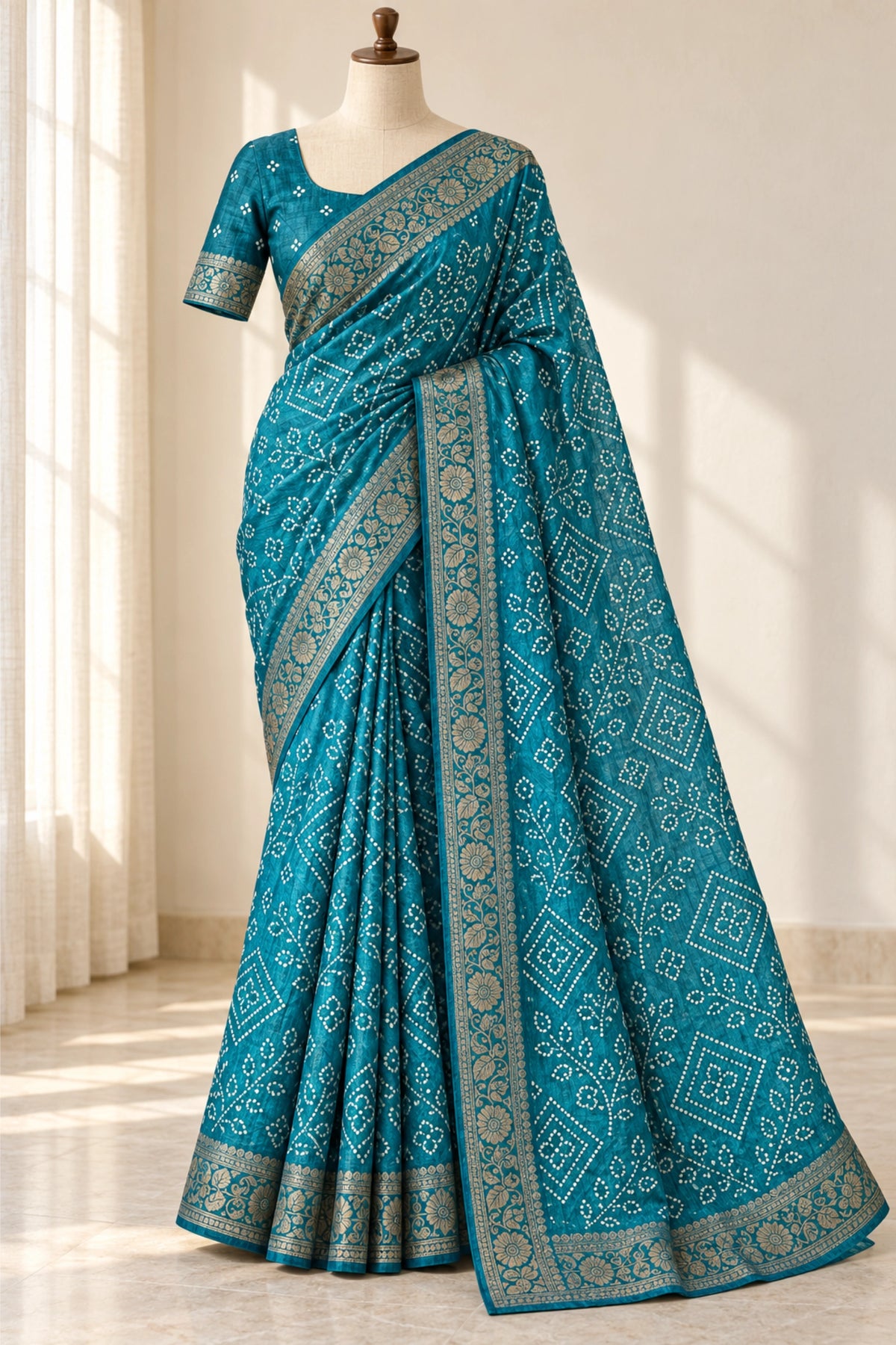 Teal Blue Dola Silk Bandhani Print Saree