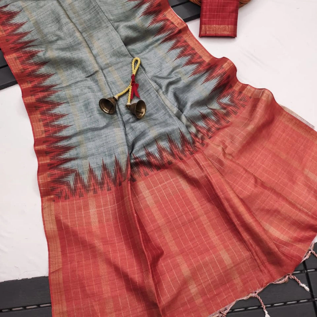 Silver Grey Silk Cotton Saree with Rust Ikat Border