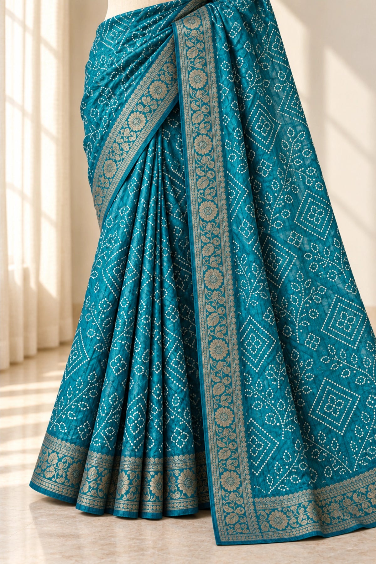 Teal Blue Dola Silk Bandhani Print Saree