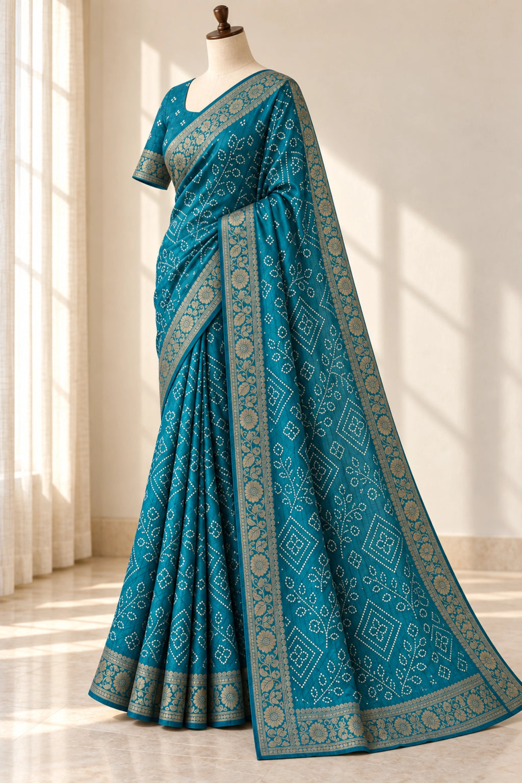 Teal Blue Dola Silk Bandhani Print Saree