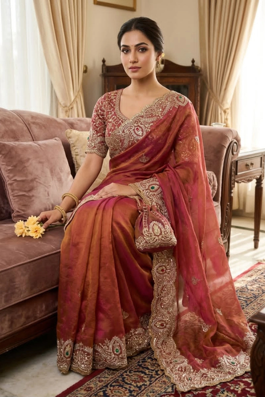 Rust Rose Tissue Organza Saree with Heavy Sequin Border