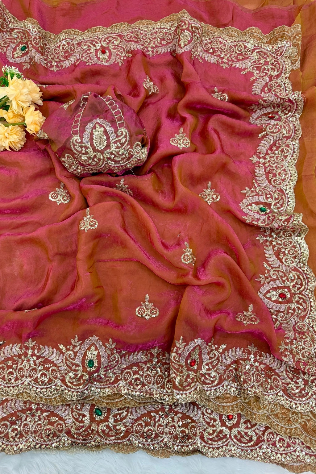 Rust Rose Tissue Organza Saree with Heavy Sequin Border