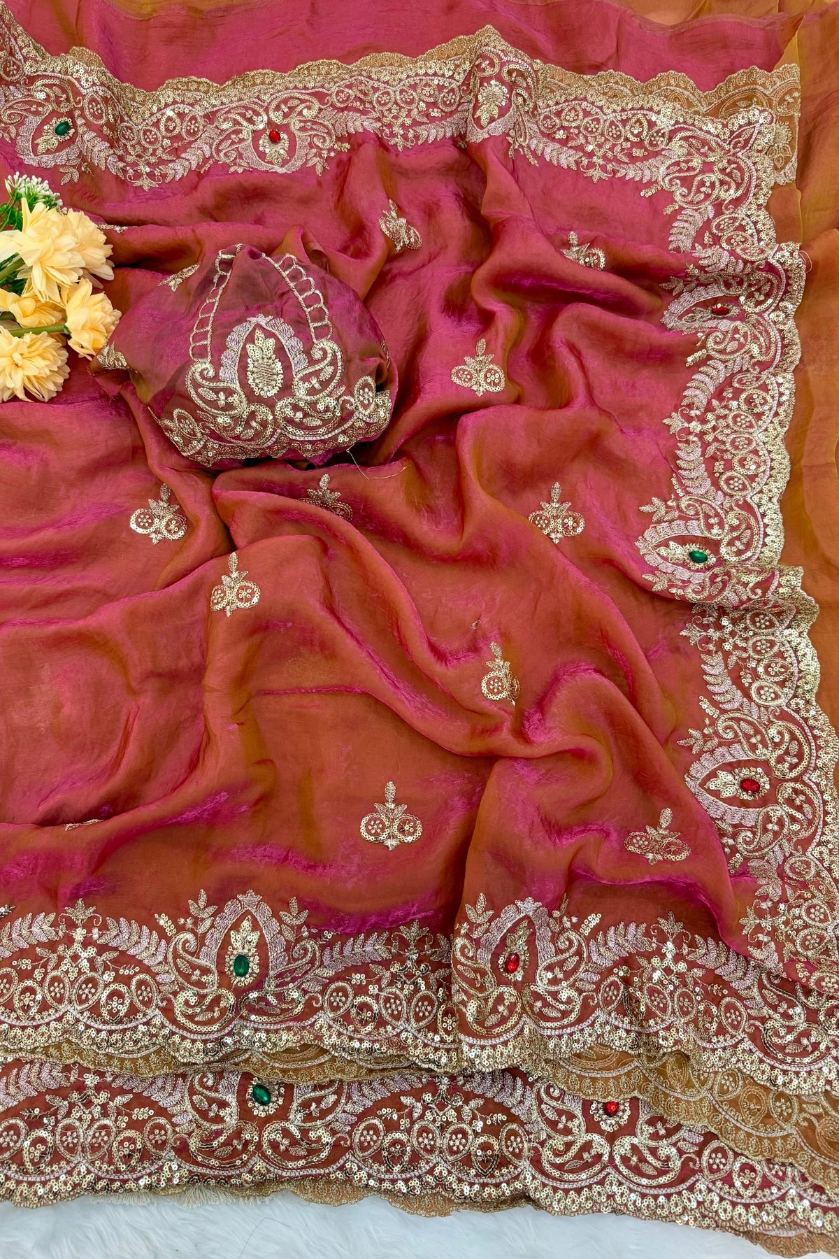 Rust Rose Tissue Organza Saree with Heavy Sequin Border