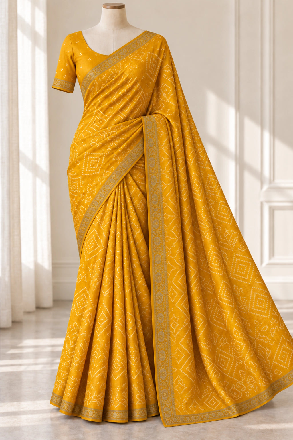 Mustard Yellow Dola Silk Bandhani Print Saree