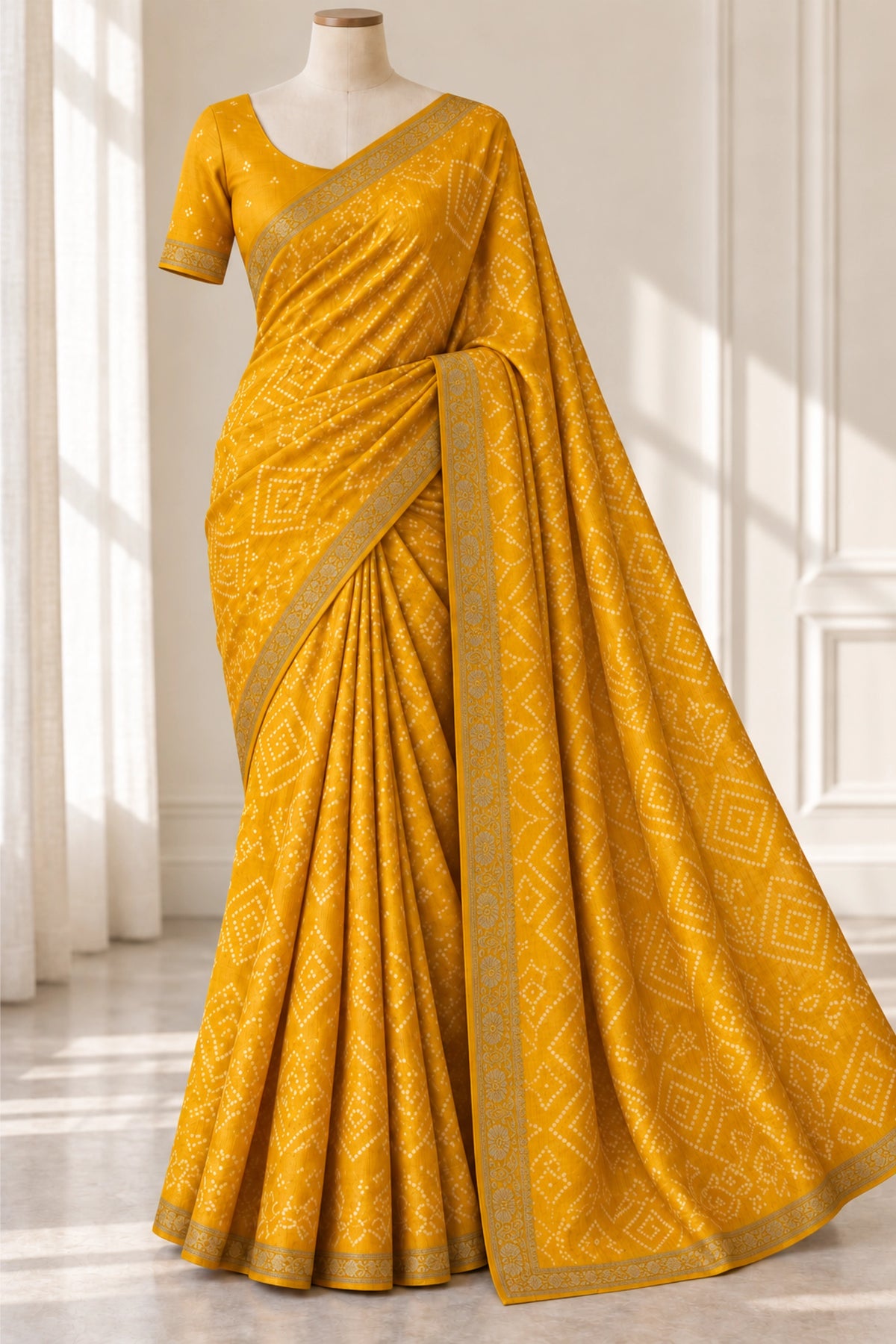 Mustard Yellow Dola Silk Bandhani Print Saree