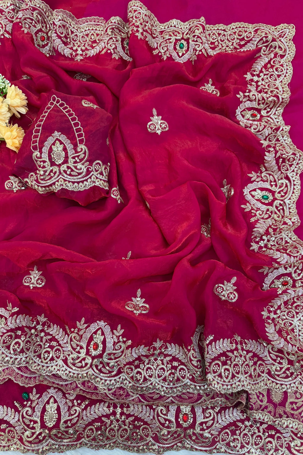 Rani Pink Tissue Organza Saree with Sequin & Stone Embroidery