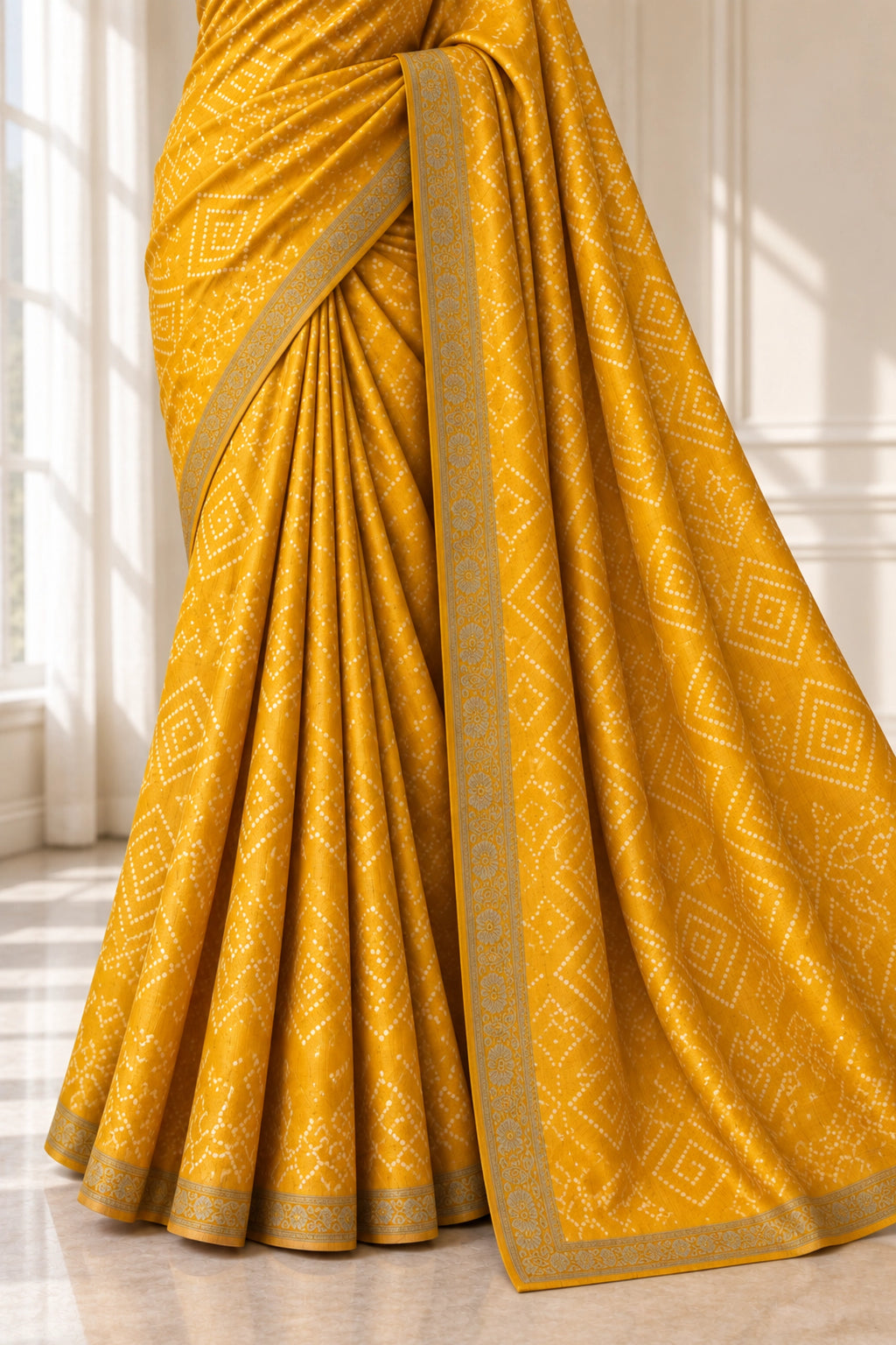 Mustard Yellow Dola Silk Bandhani Print Saree