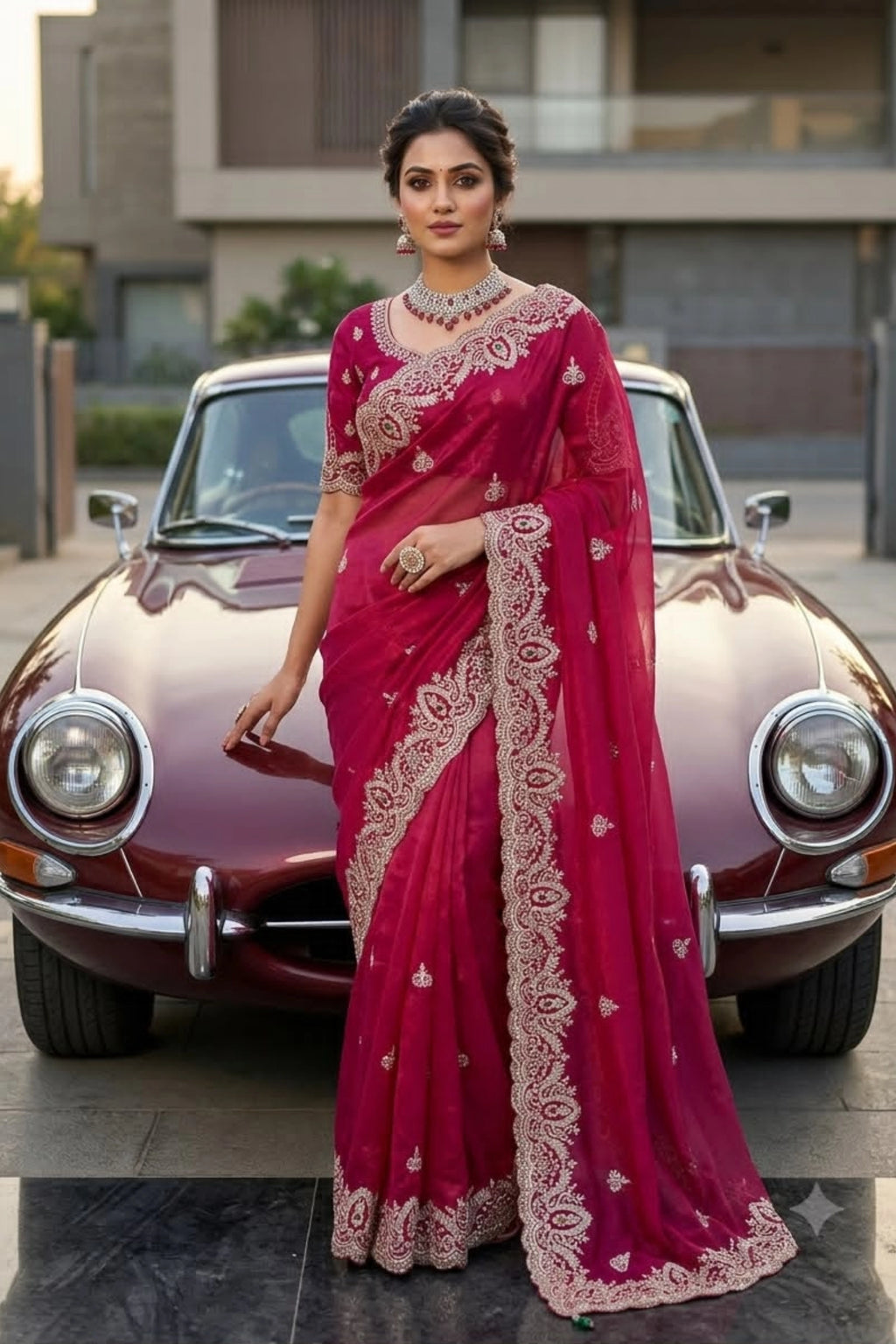 Rani Pink Tissue Organza Saree with Sequin & Stone Embroidery
