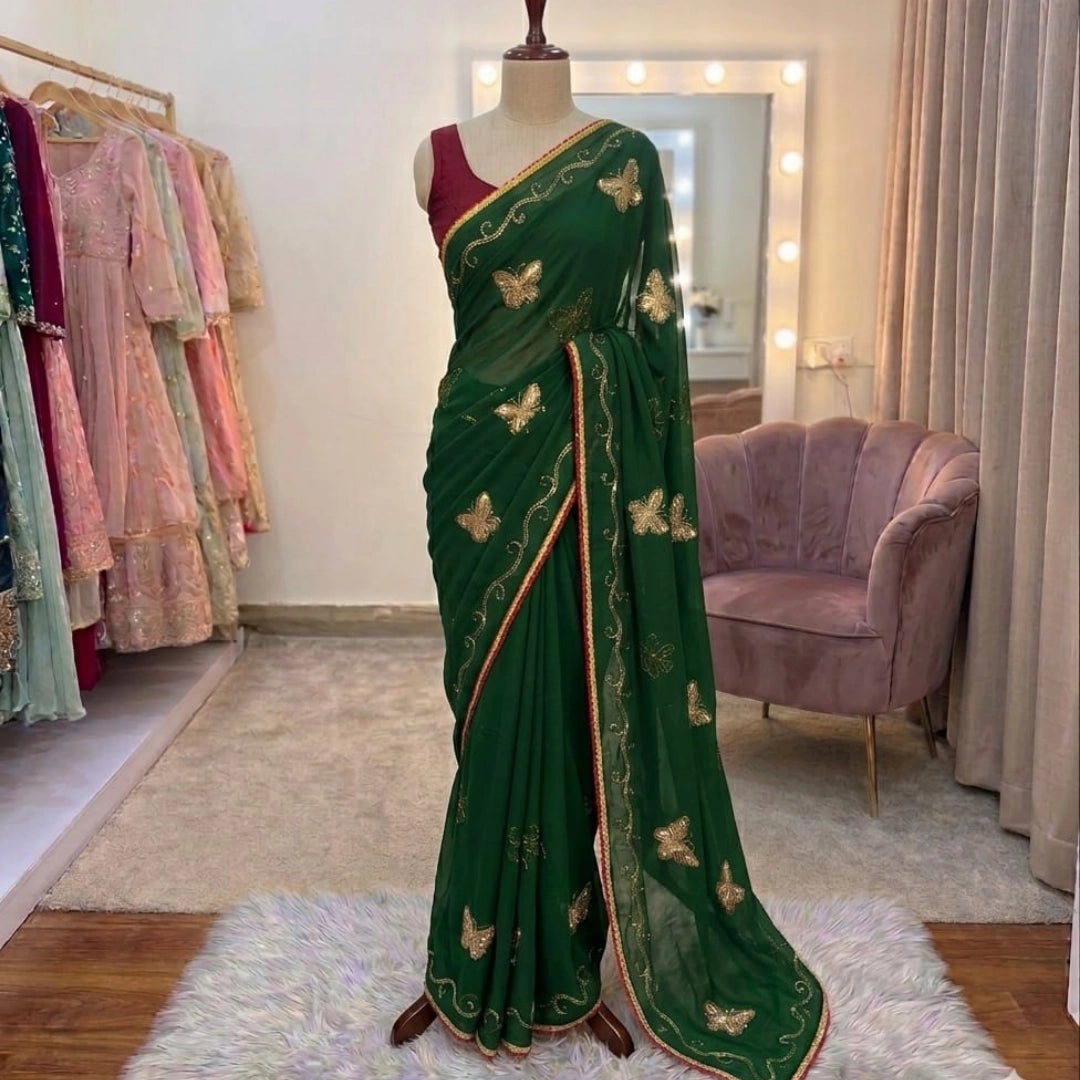 Butterfly Embroidered Soft Organza Saree with Contrast Blouse