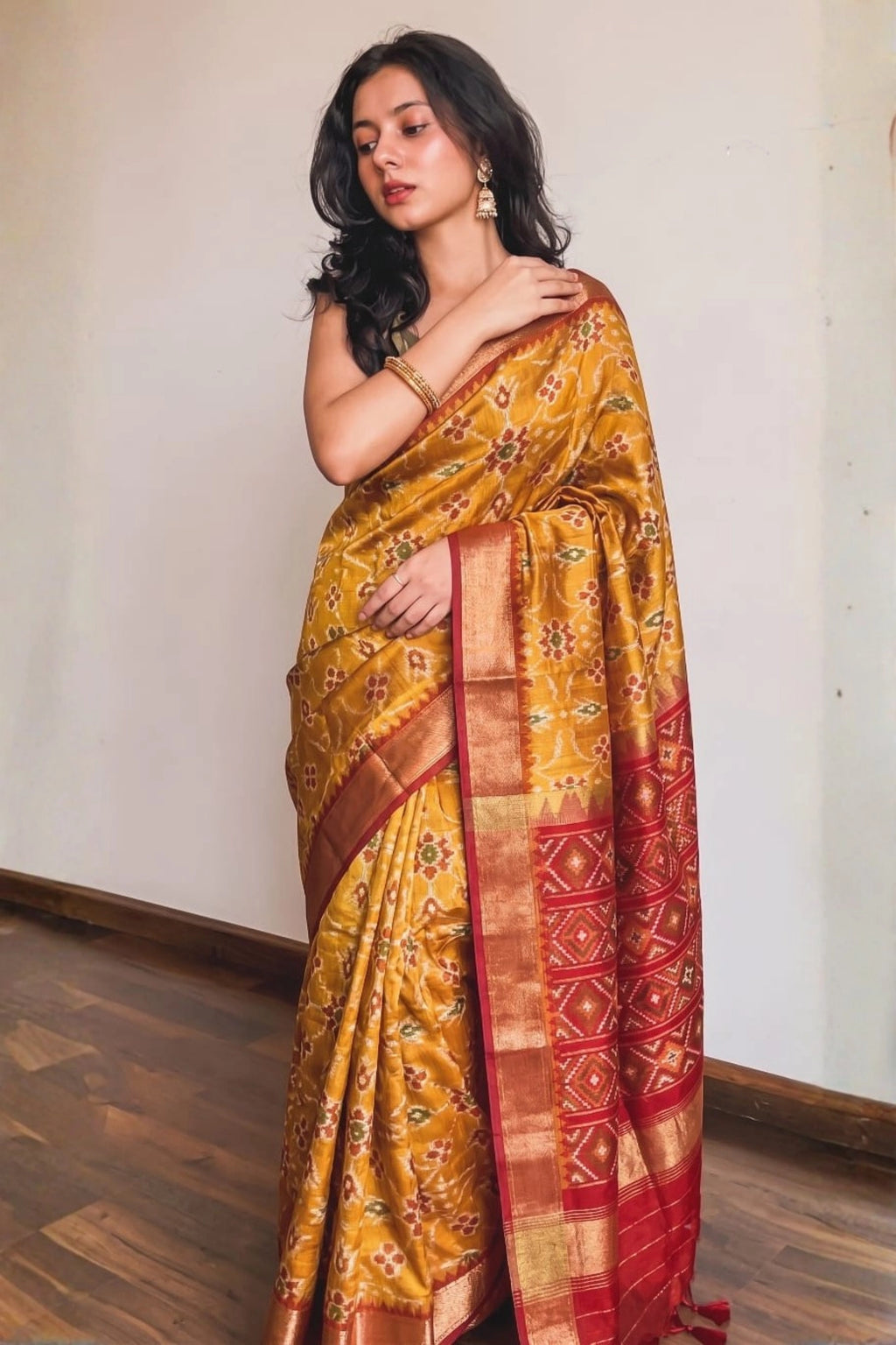Mustard Patola-Inspired Silk Saree with Maroon Zari Border