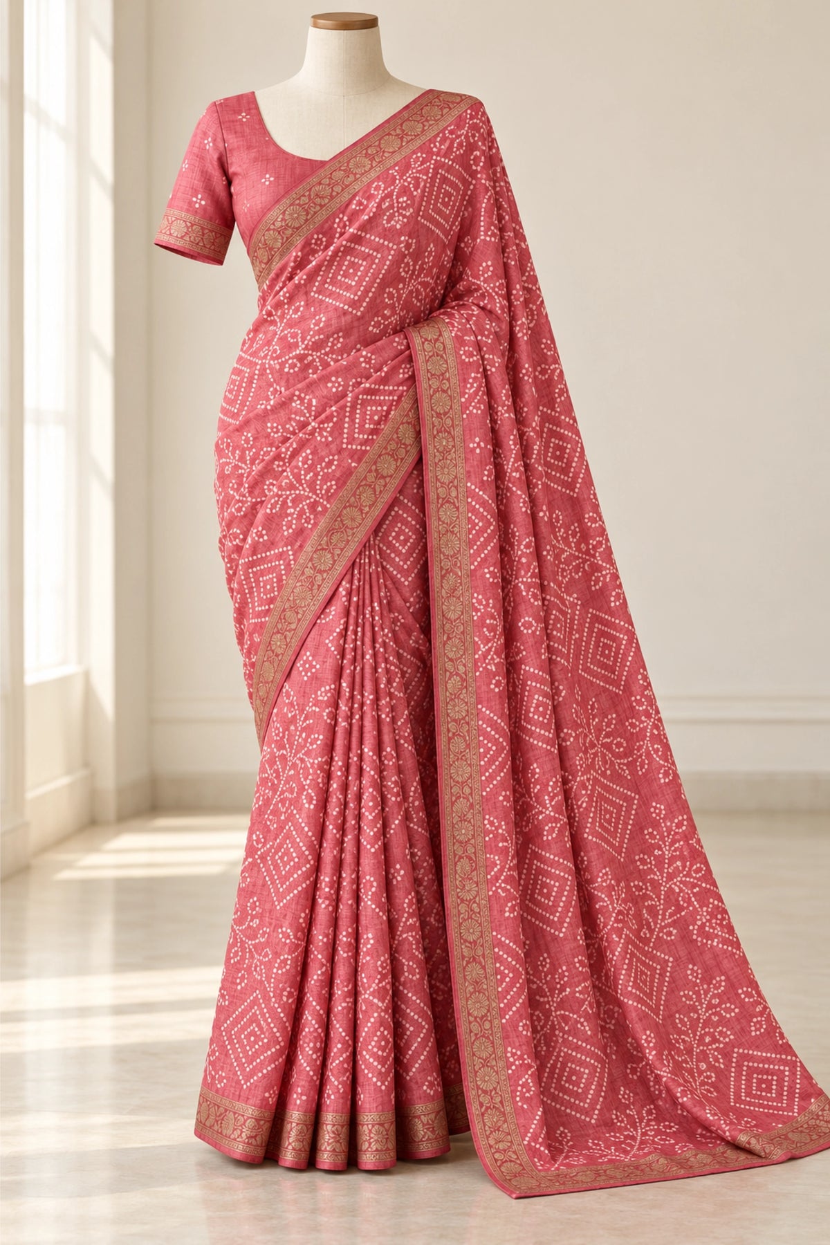Rose Pink Dola Silk Bandhani Print Saree