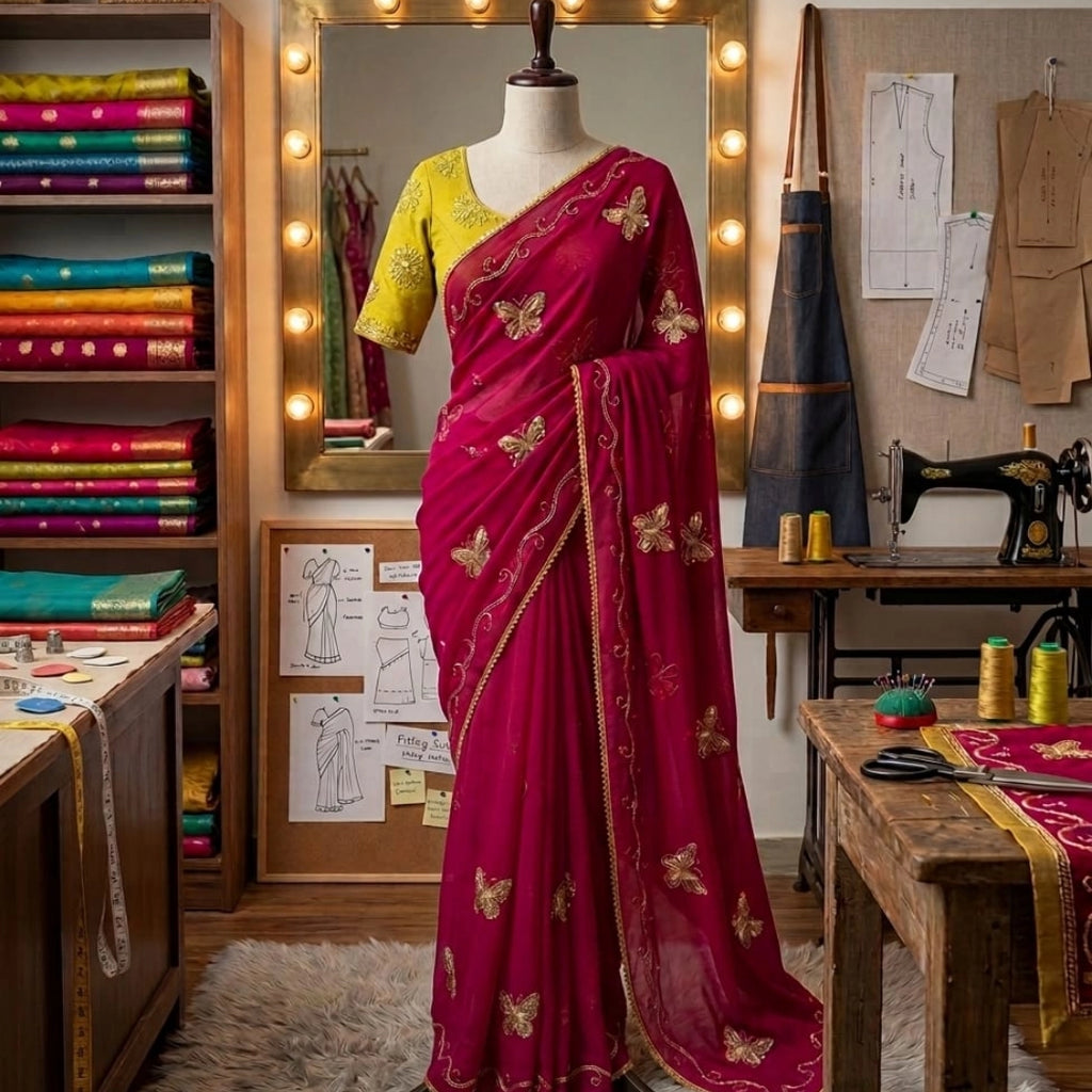 Butterfly Embroidered Soft Organza Saree with Contrast Blouse