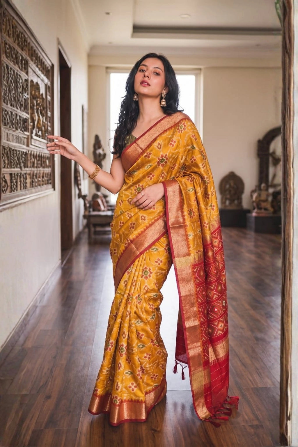 Mustard Patola-Inspired Silk Saree with Maroon Zari Border