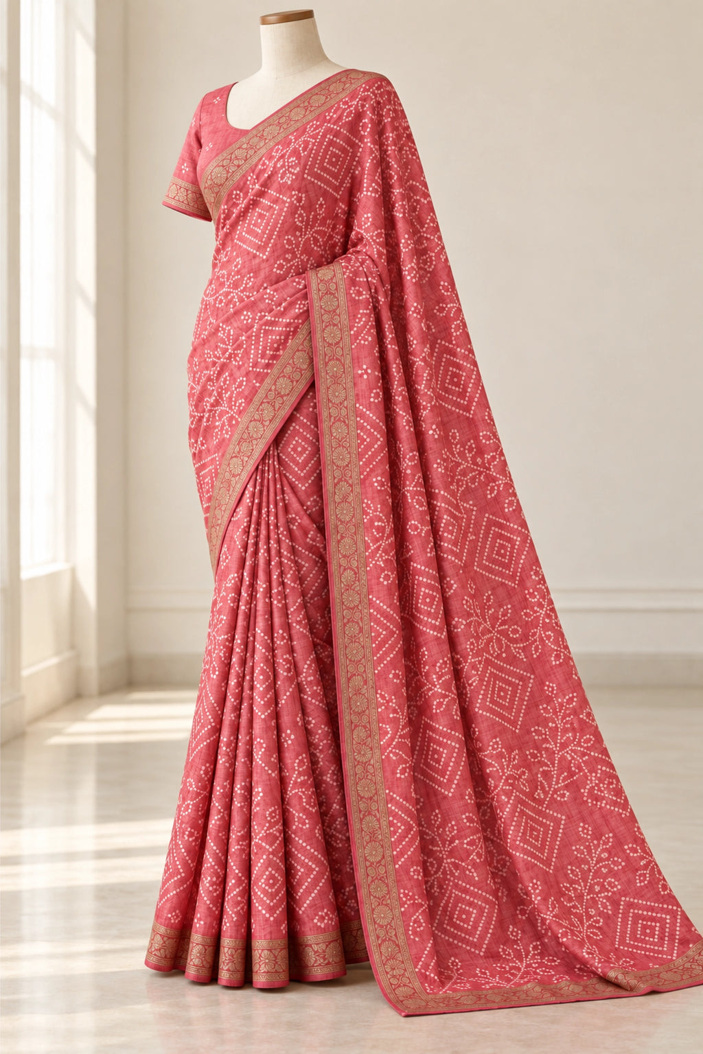 Rose Pink Dola Silk Bandhani Print Saree