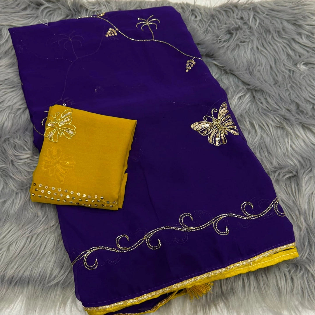 Butterfly Embroidered Soft Organza Saree with Contrast Blouse