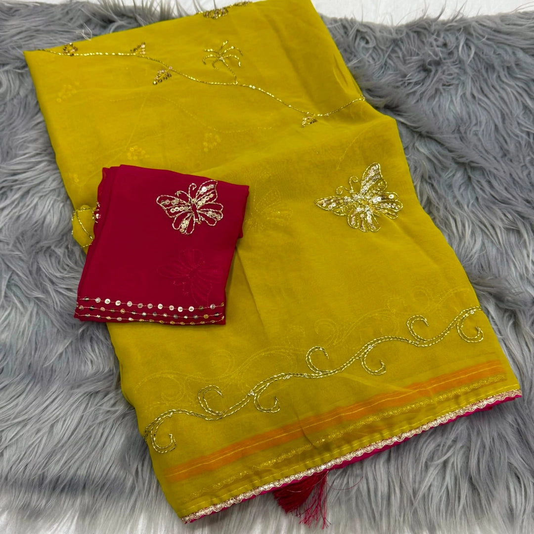 Butterfly Embroidered Soft Organza Saree with Contrast Blouse