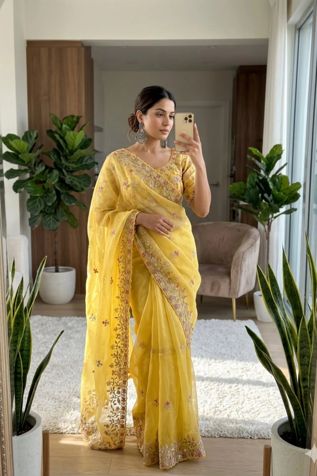 Sunshine Yellow Organza Saree with Floral Embroidery