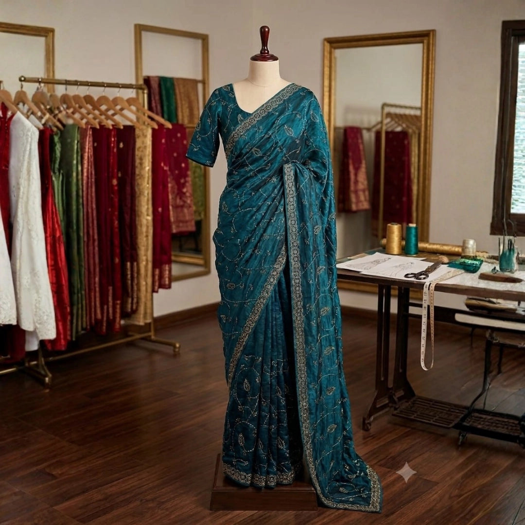 Shimmer Organza Saree with Floral Vine Embroidery