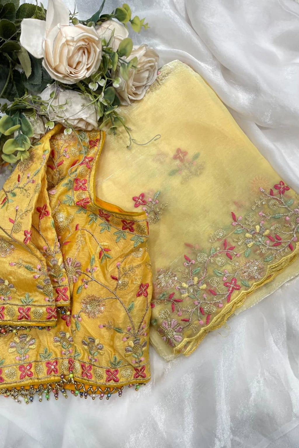 Sunshine Yellow Organza Saree with Floral Embroidery