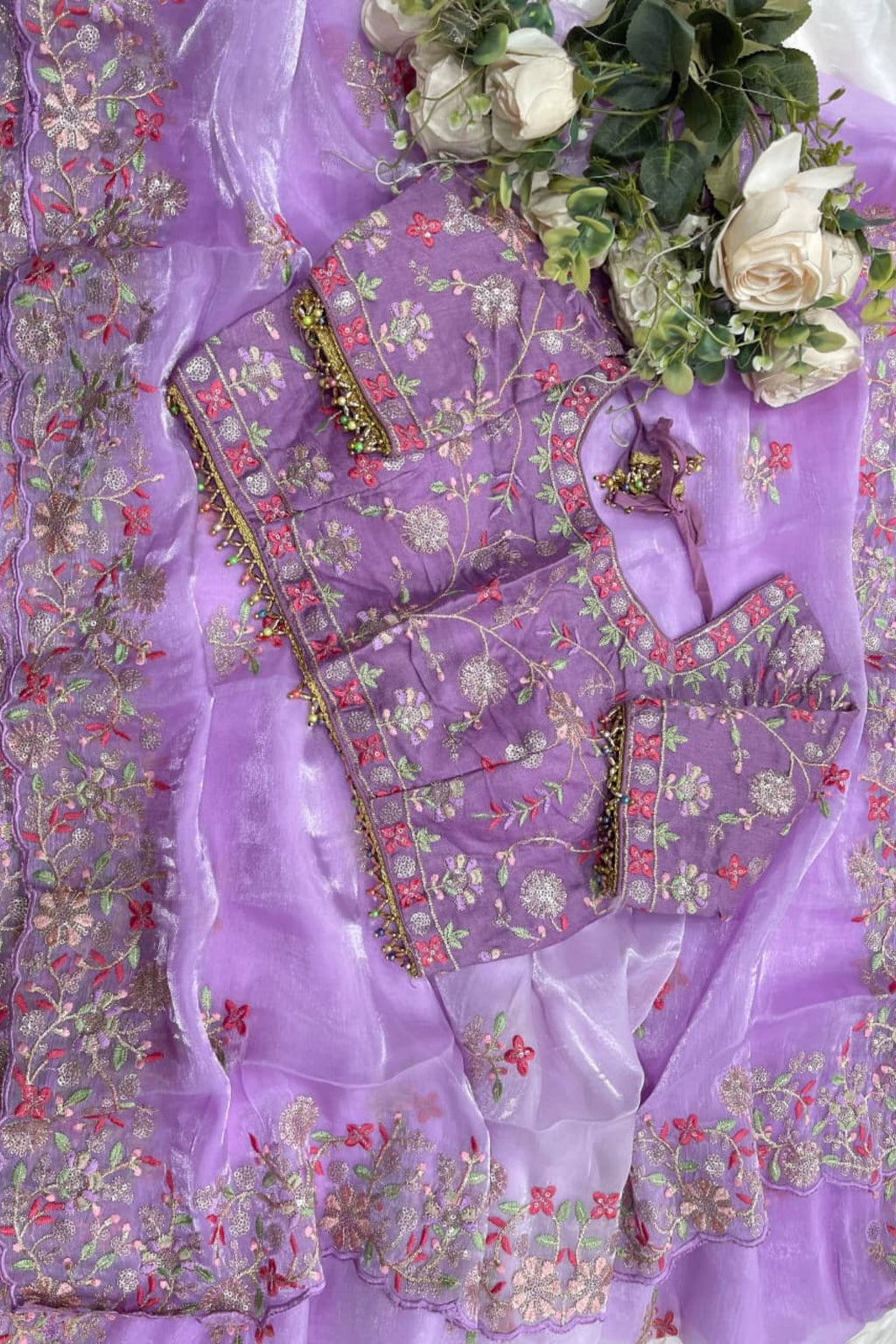 Lavender Organza Saree with Floral Embroidery