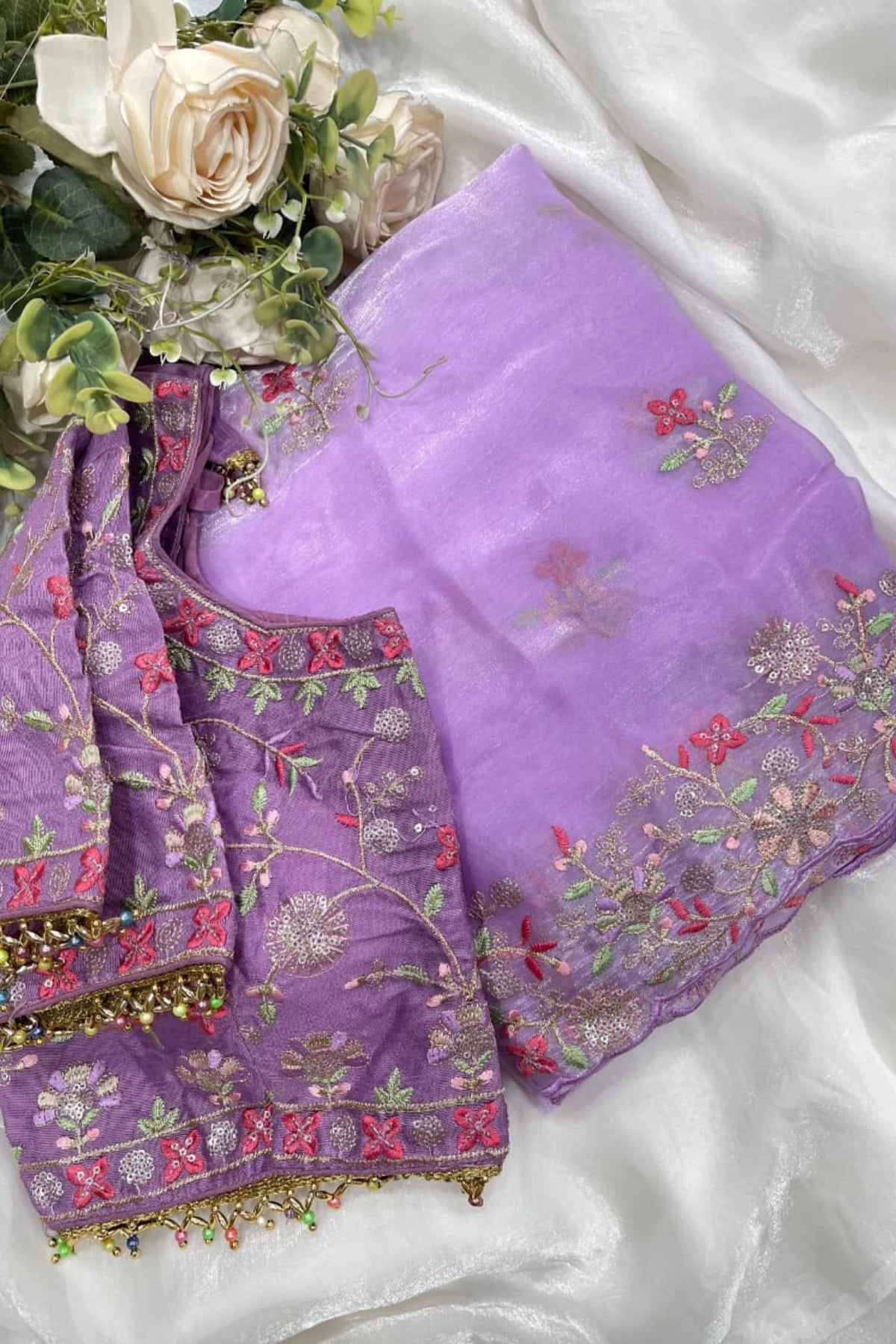 Lavender Organza Saree with Floral Embroidery