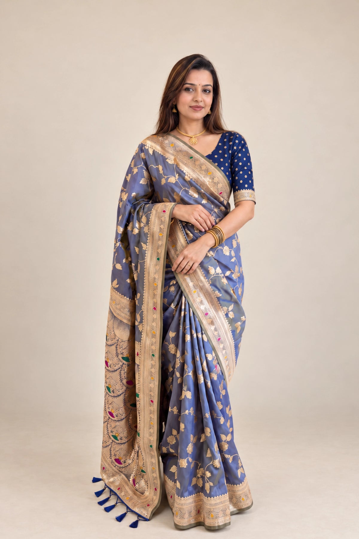 Steel Blue Meenakari Floral Woven Saree