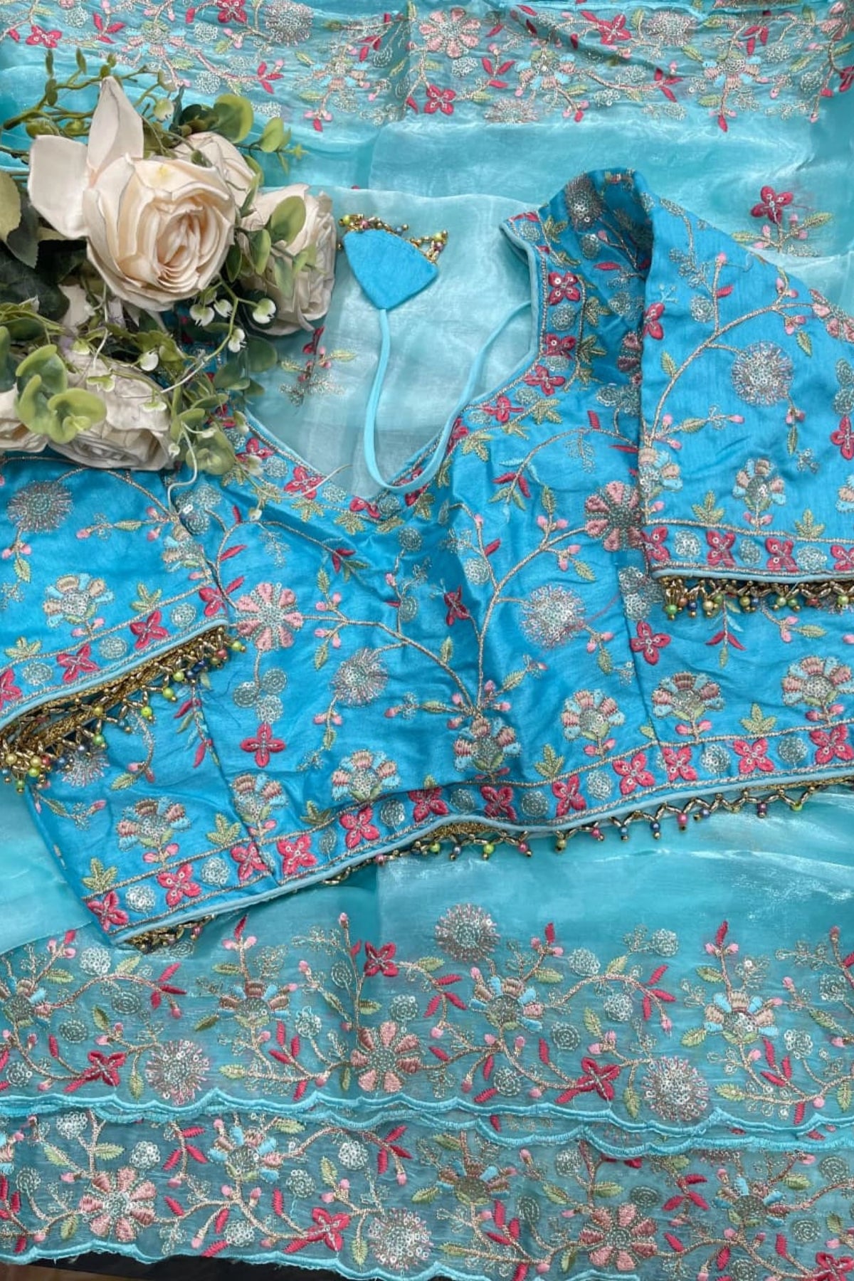 Aqua Blue Organza Saree with Floral Embroidery